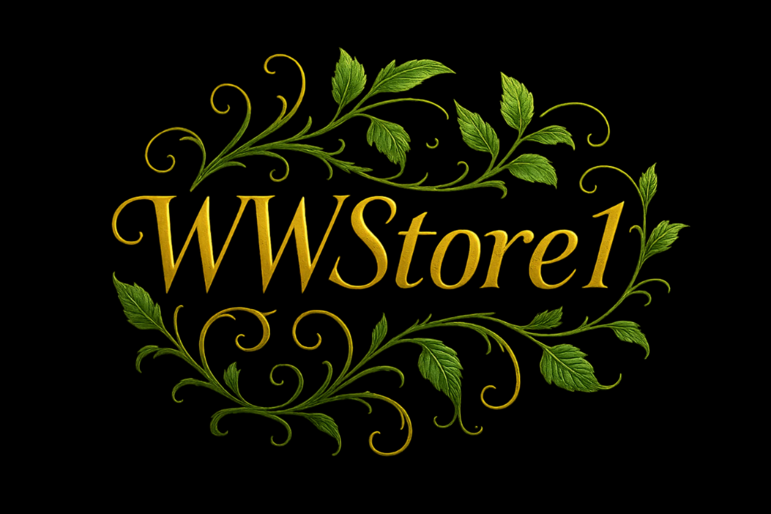 Company name WWStore1 should be written in italic format in sharp golden color with vines. bright sharp colors for the font and vines with black background.